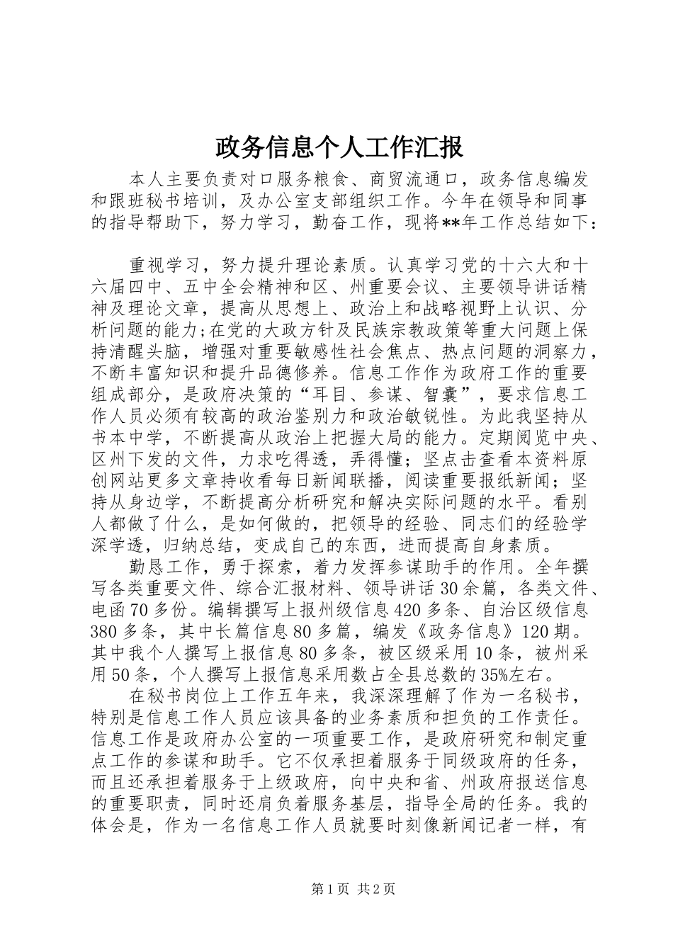 2024年政务信息个人工作汇报_第1页