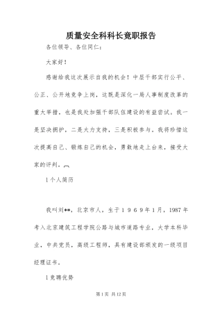 2024年质量安全科科长竟职报告