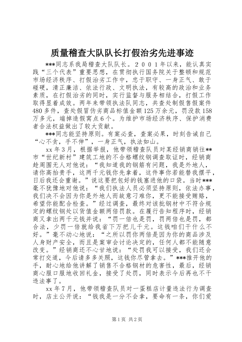 2024年质量稽查大队队长打假治劣先进事迹_第1页