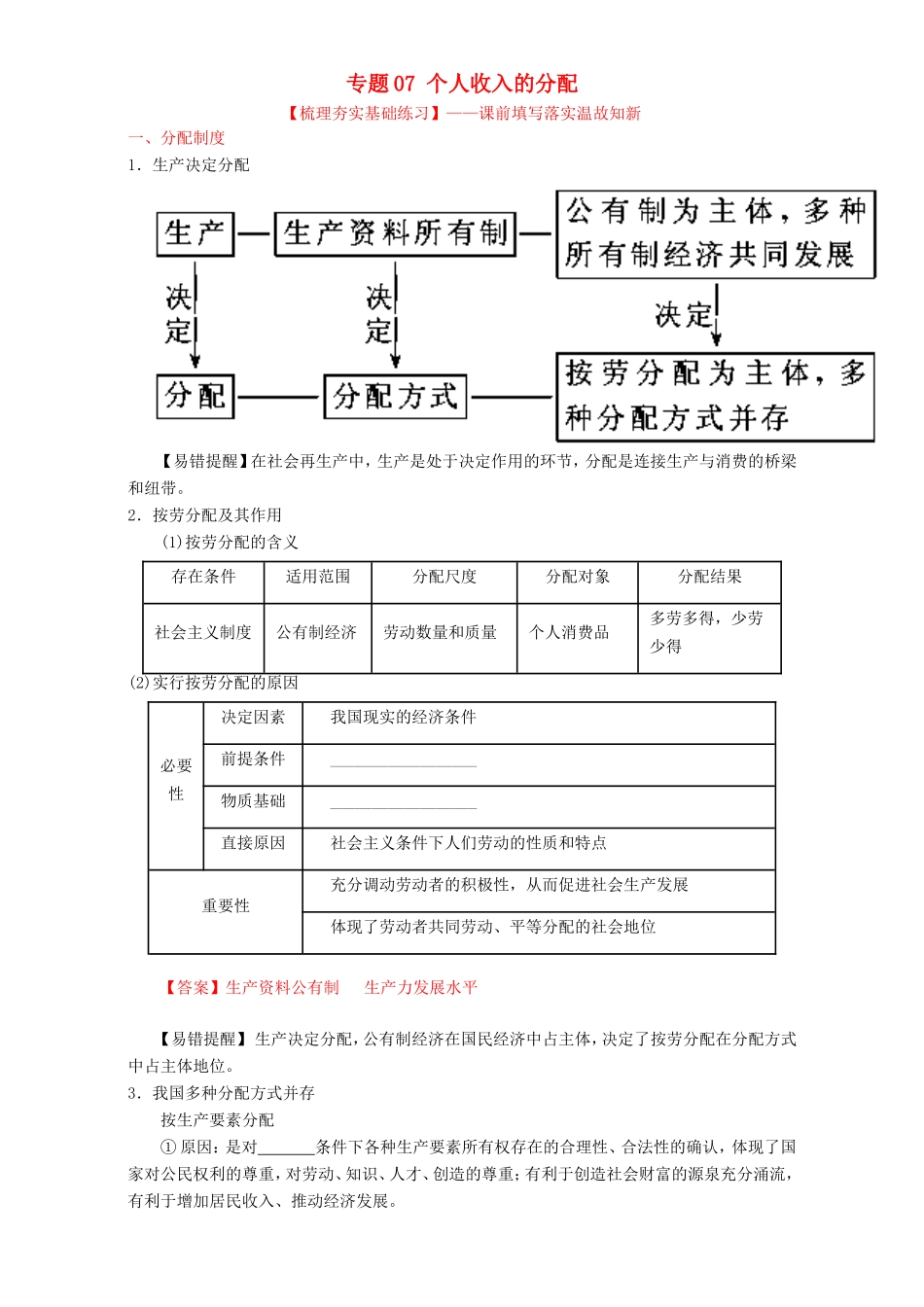 （讲练测）高考政治一轮复习 专题07 个人收入的分配（练）（含解析）新人教版必修1-新人教版高三必修1政治试题_第1页