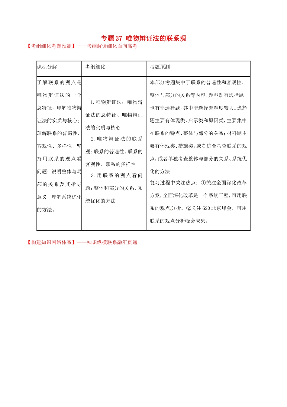 （讲练测）高考政治一轮复习 专题37 唯物辩证法的联系观（讲）（含解析）新人教版必修4-新人教版高三必修4政治试题_第1页