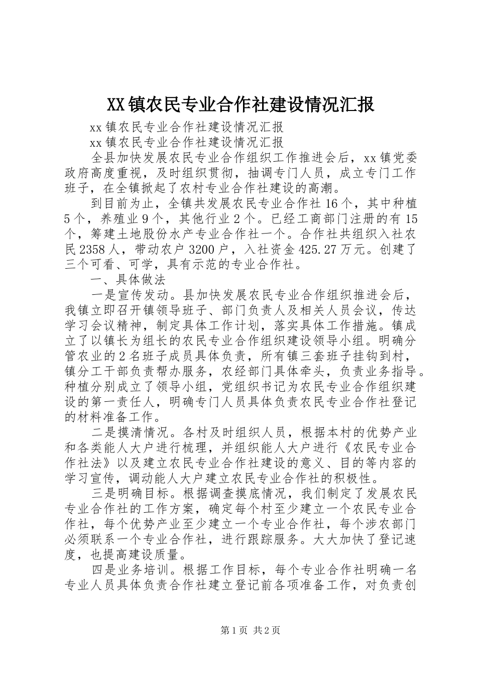 2024年镇农民专业合作社建设情况汇报_第1页