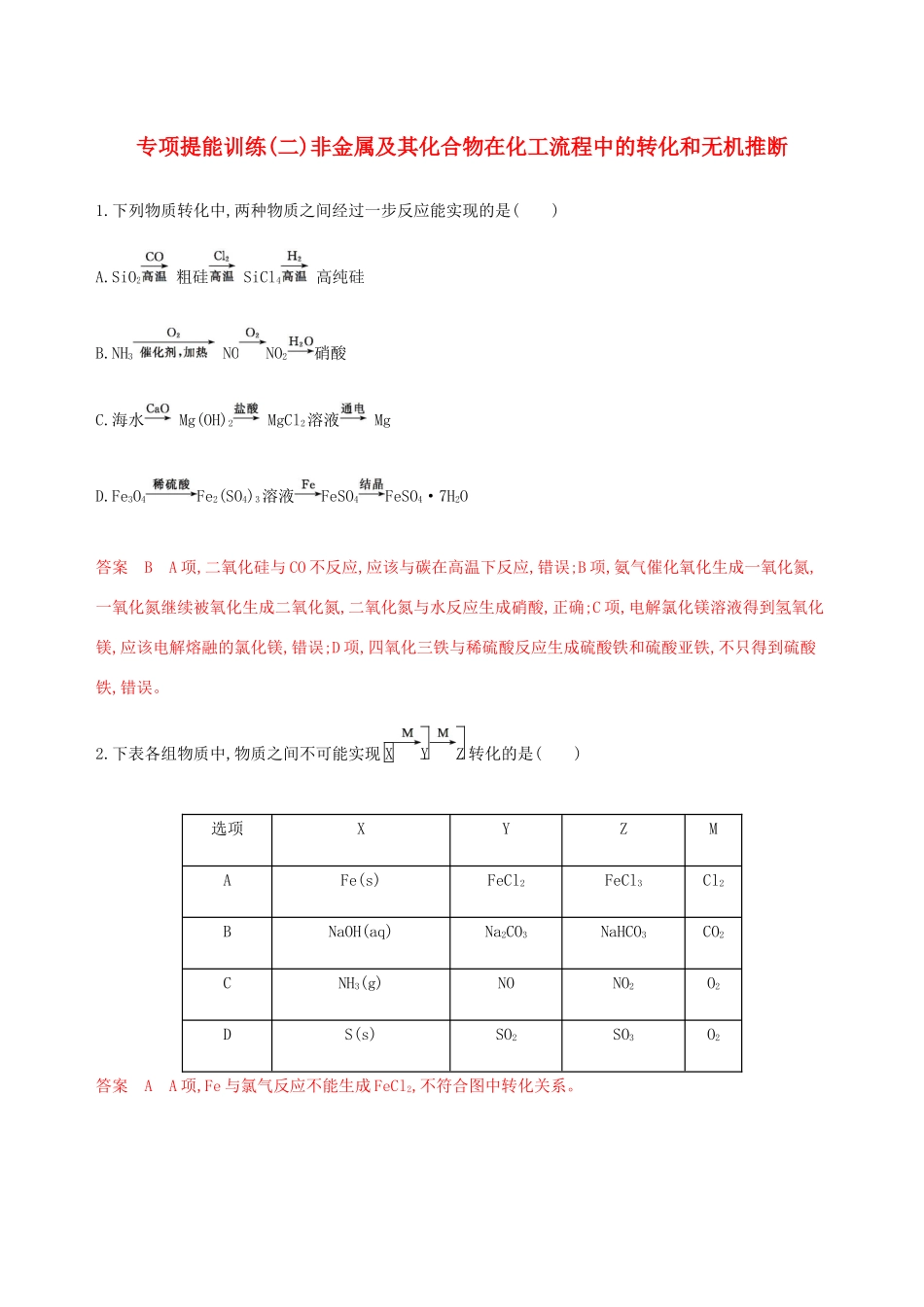 （课标通用）山东省高考化学总复习 专题四 专项突破（二）非金属及其化合物在化工流程中的转化和无机推断练习（含解析）-人教版高三全册化学试题_第1页