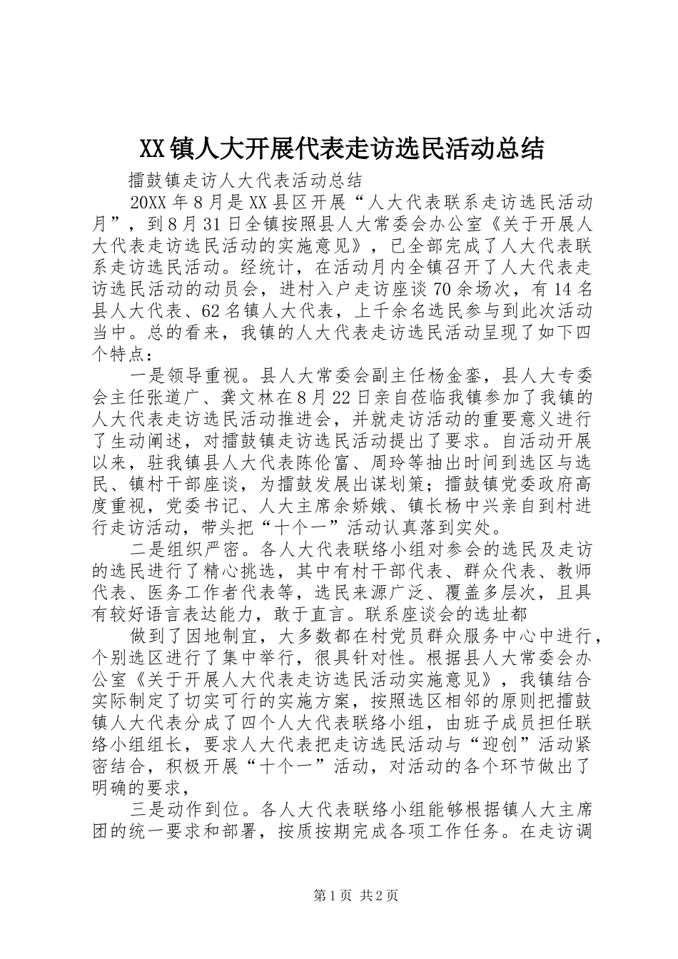 2024年镇人大开展代表走访选民活动总结_第1页