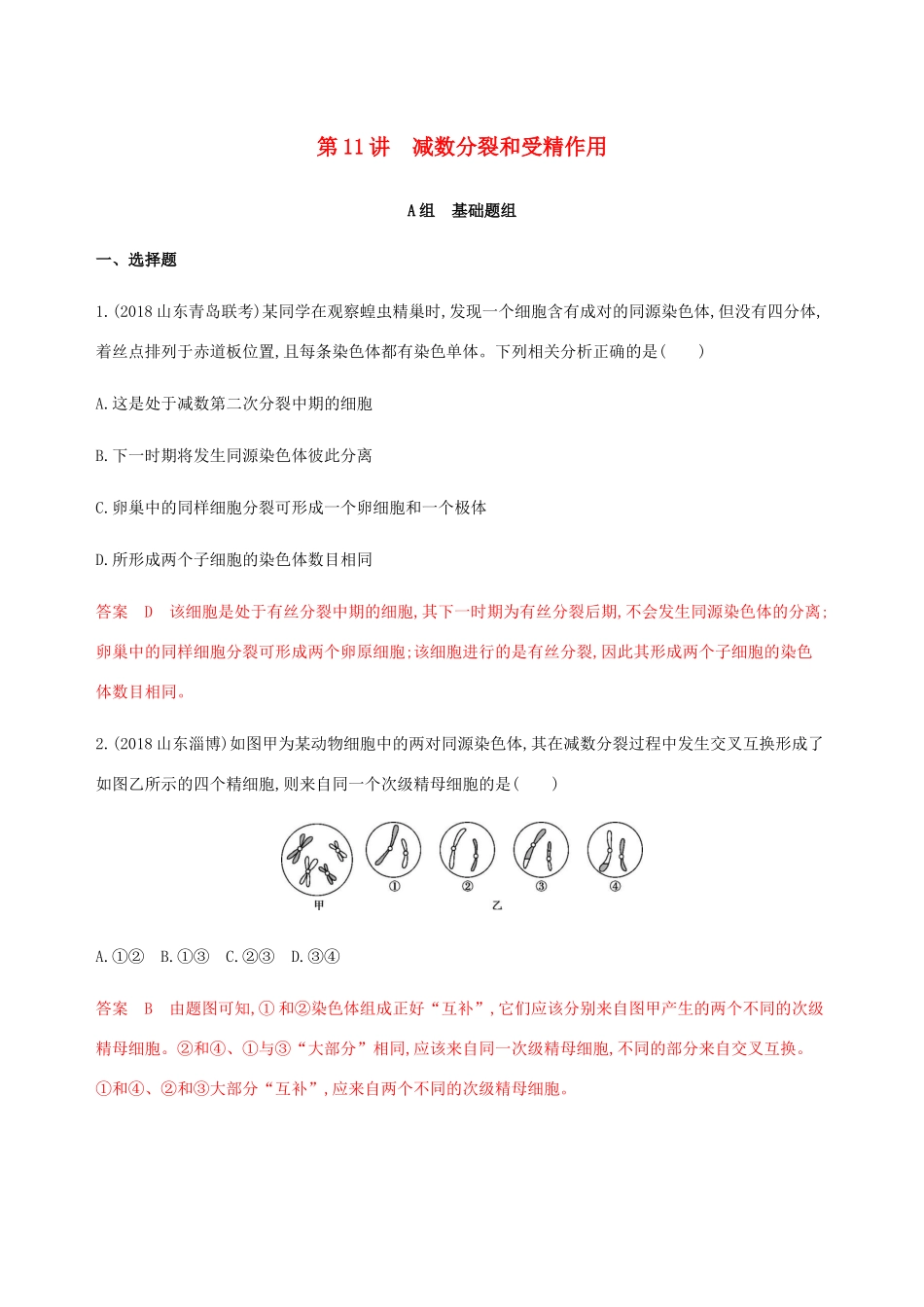 （课标通用）山东省高考生物总复习 第11讲 减数分裂和受精作用练习（含解析）-人教版高三全册生物试题_第1页