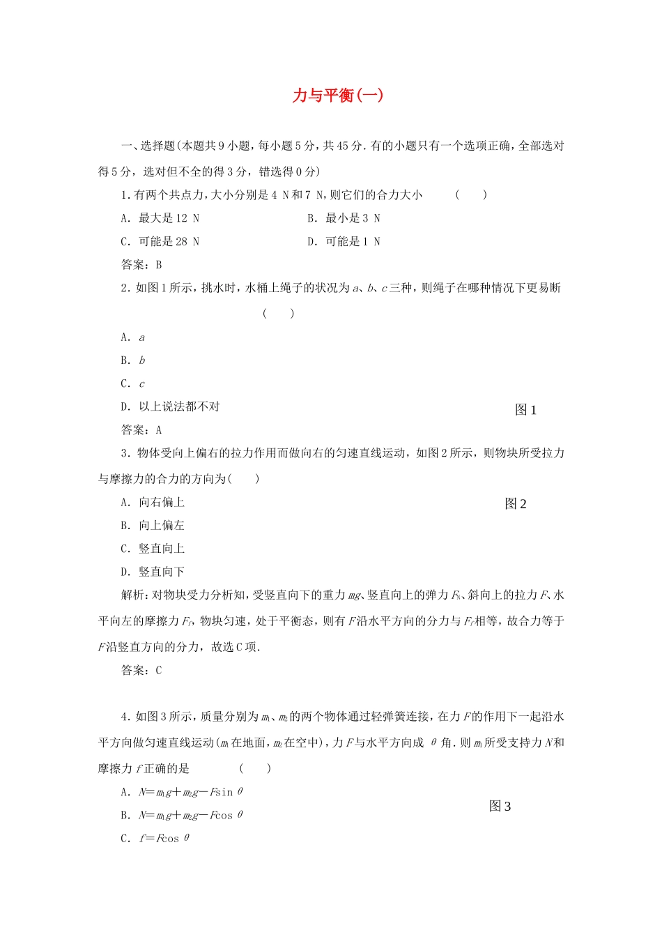 （课堂设计）高中物理 力与平衡(一)滚动检测 鲁科版必修1_第1页