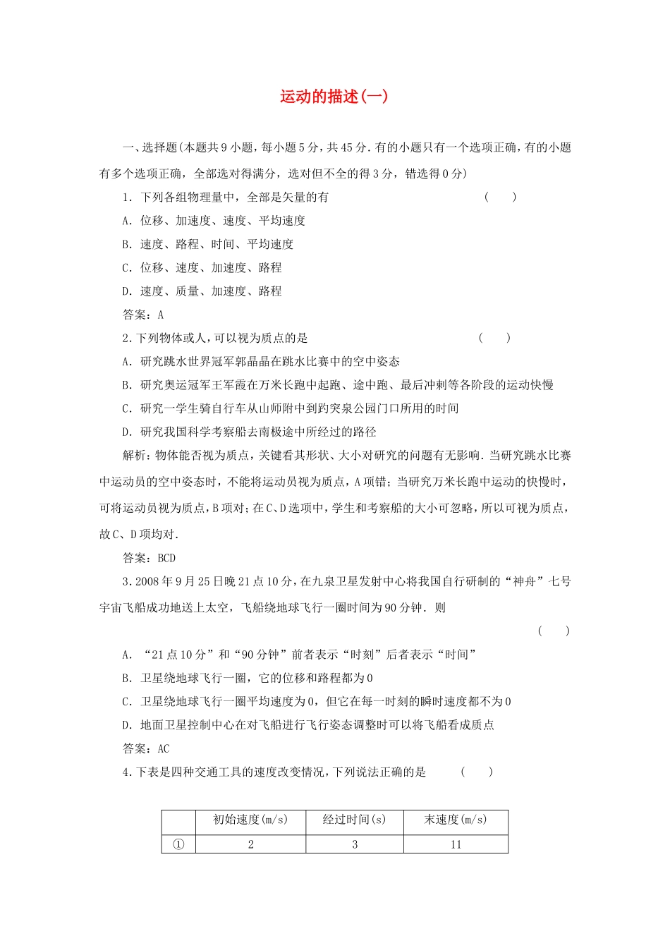 （课堂设计）高中物理 运动的描述(一)滚动检测 鲁科版必修1_第1页