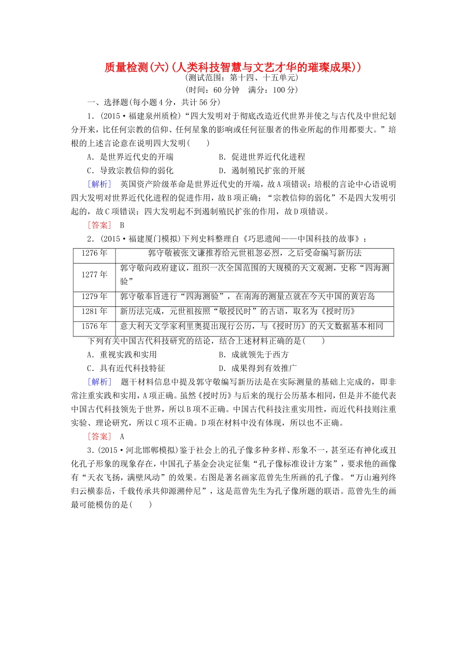 （课标版）高考历史一轮总复习 质量检测6 人类科技智慧与文艺才华的璀璨成果-人教版高三全册历史试题_第1页