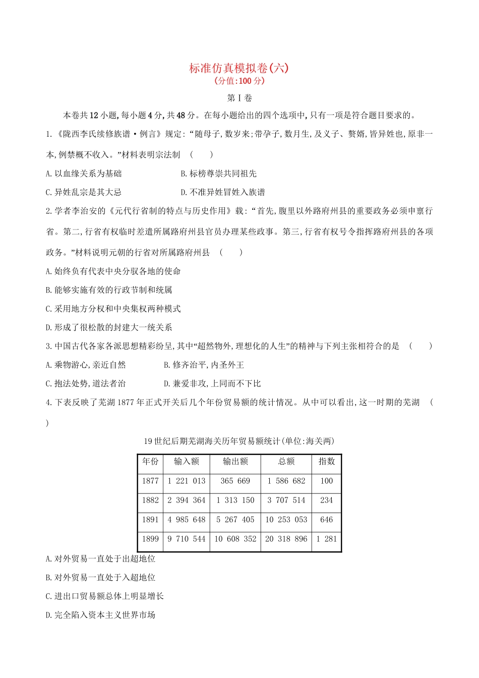 （通史版）高考历史一轮复习 标准仿真模拟卷(六)新人教版-新人教版高三全册历史试题_第1页