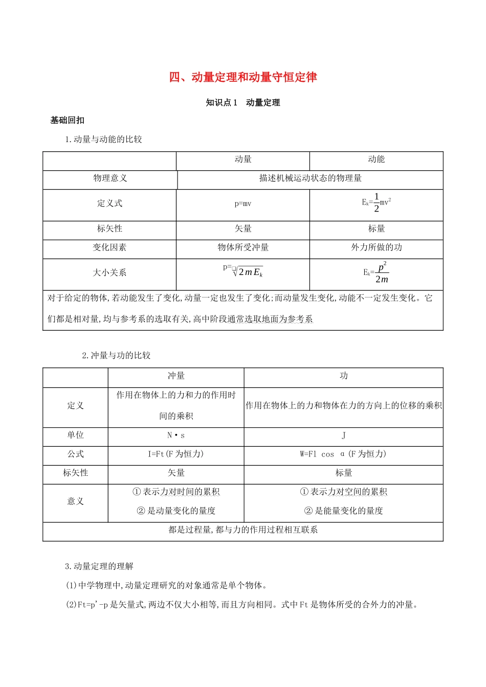 （课标版）高考物理二轮复习 基础回扣4 四、动量定理和动量守恒定律-人教版高三全册物理试题_第1页