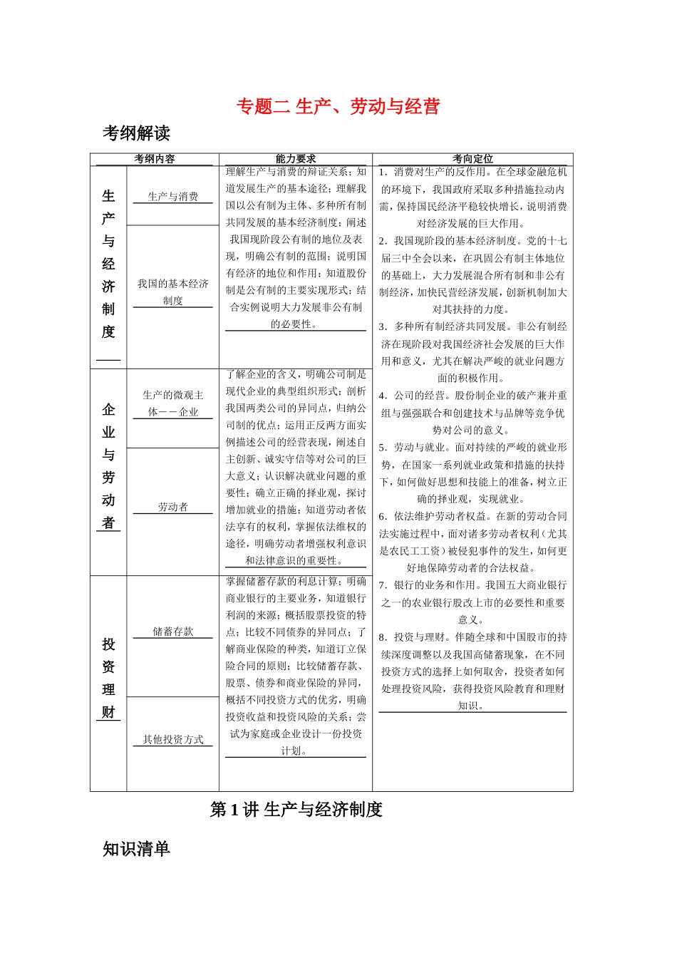 （课标版）高考政治《高考风向标》 必修1 经济与生活 专题2 生成、劳动与经营 第1讲 生产与经济制度_第1页