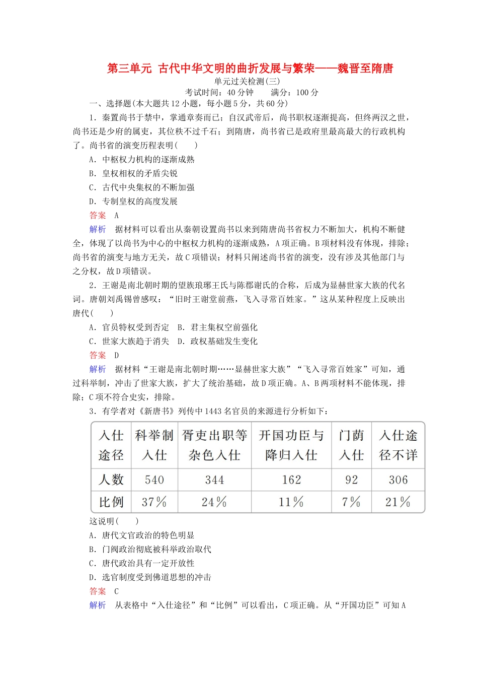 （通史版）高考历史一轮复习 第一部分 第三单元 古代中华文明的曲折发展与繁荣——魏晋至隋唐单元过关检测（含解析）人民版-人民版高三全册历史试题_第1页