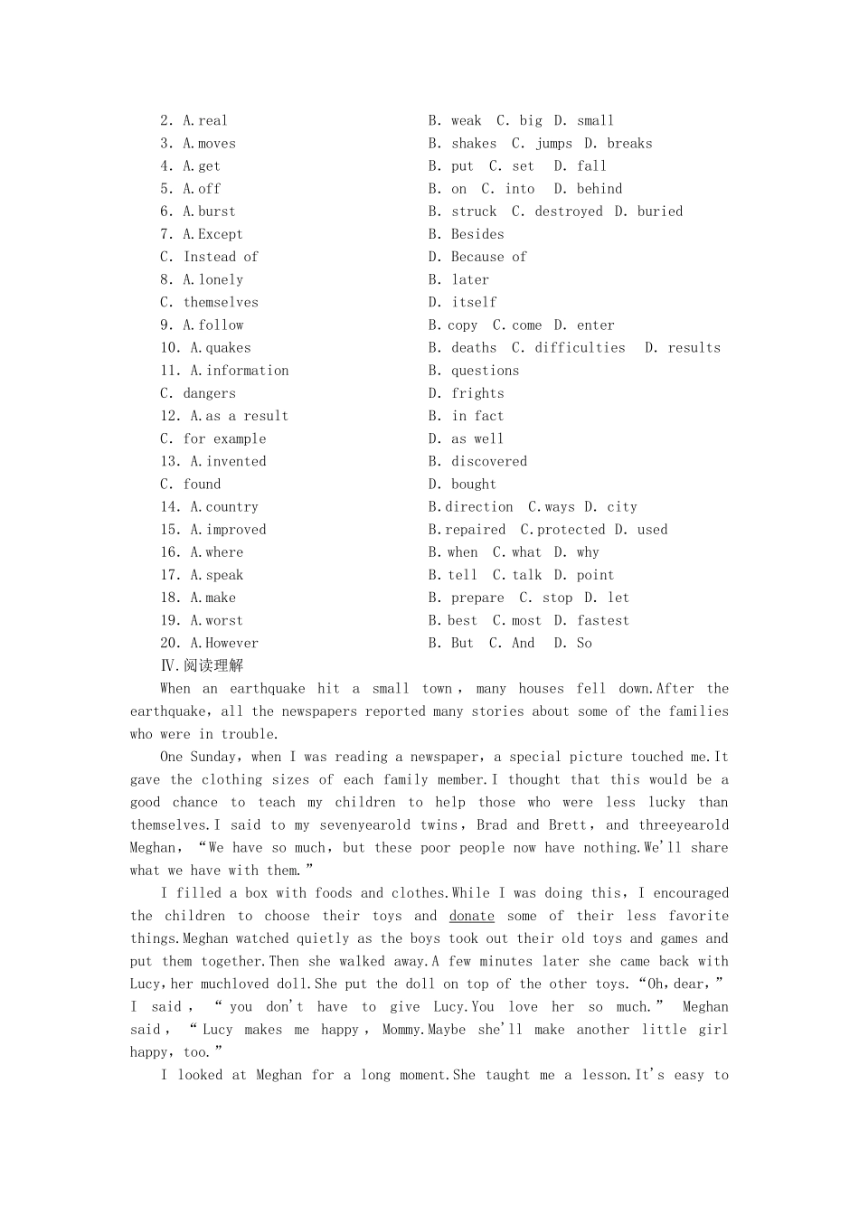 （课标卷）高中英语 Unit 4 Earthquakes Warming Up & Reading课时作业 新人教版必修1_第3页