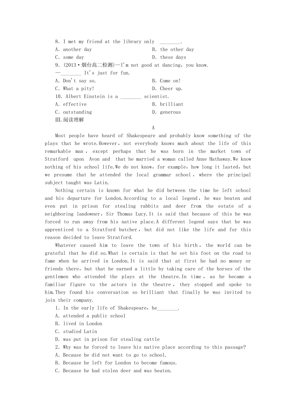 （课标卷）高中英语 Unit 4 Pygmalion Using Language课时作业 新人教版选修8_第2页