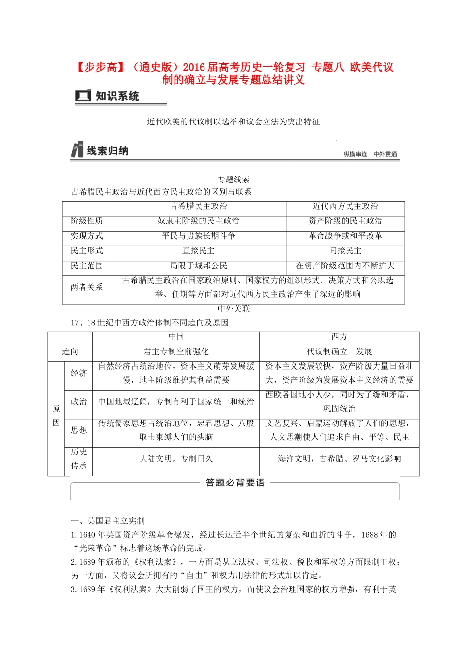 （通史版）高考历史一轮复习 专题八 欧美代议制的确立与发展专题总结讲义-人教版高三全册历史试题_第1页