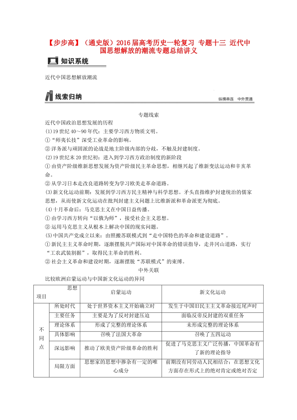 （通史版）高考历史一轮复习 专题十三 近代中国思想解放的潮流专题总结讲义-人教版高三全册历史试题_第1页