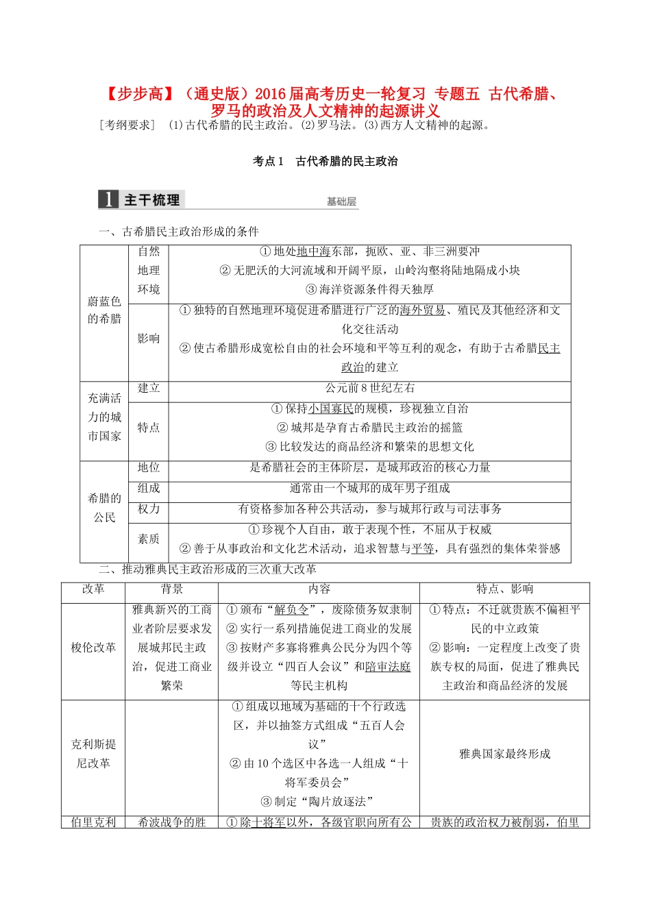（通史版）高考历史一轮复习 专题五 古代希腊、罗马的政治及人文精神的起源讲义-人教版高三全册历史试题_第1页