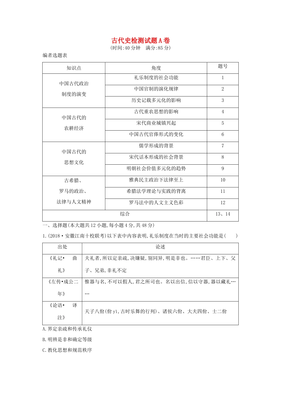 （通史版）高考历史二轮复习 古代史检测试题A卷-人教版高三全册历史试题_第1页