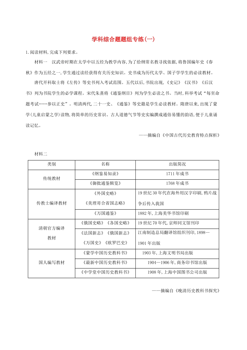 （通史版）高考历史二轮复习 学科综合题题组专练（一）-人教版高三全册历史试题_第1页