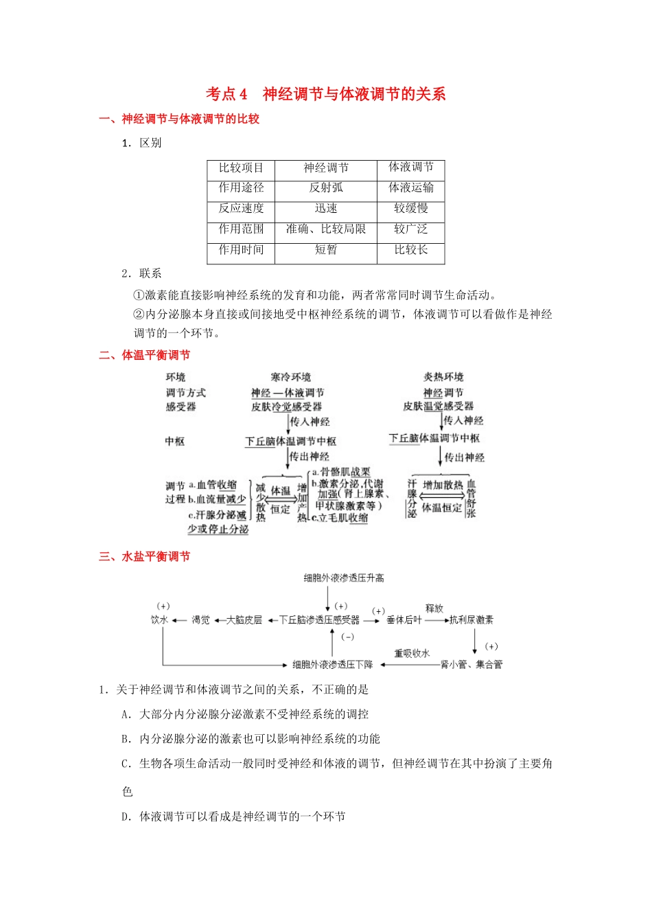 （课标通用）高考生物 考点一遍过 第7辑 考点4 神经调节与体液调节的关系-人教版高三全册生物试题_第1页
