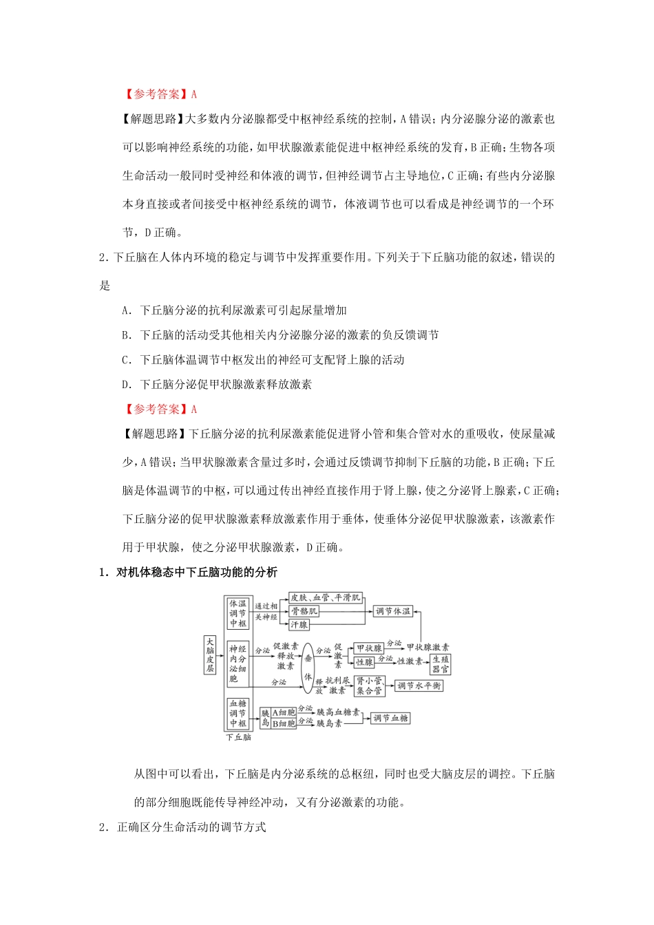（课标通用）高考生物 考点一遍过 第7辑 考点4 神经调节与体液调节的关系-人教版高三全册生物试题_第2页