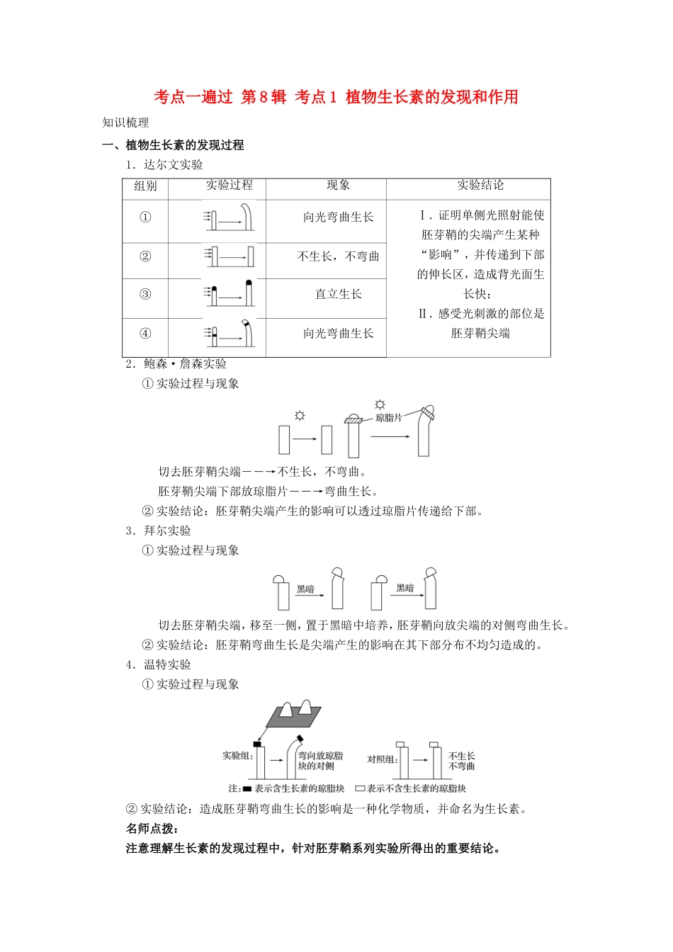 （课标通用）高考生物 考点一遍过 第8辑 考点1 植物生长素的发现和作用-人教版高三全册生物试题_第1页