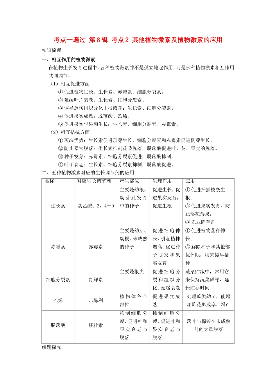 （课标通用）高考生物 考点一遍过 第8辑 考点2 其他植物激素及植物激素的应用-人教版高三全册生物试题_第1页