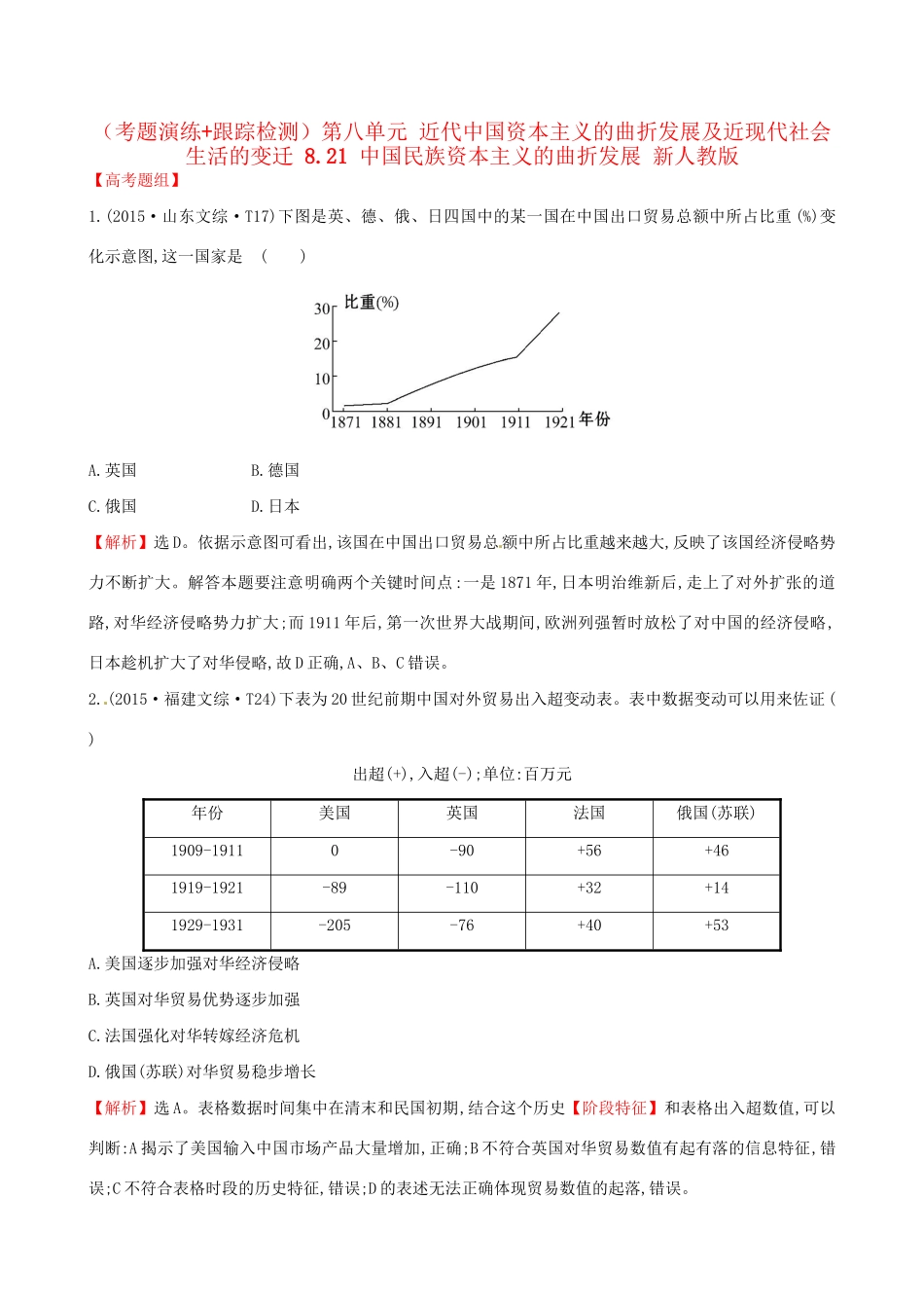 （通史版）高考历史一轮复习（考题演练跟踪检测）第八单元 近代中国资本主义的曲折发展及近现代社会生活的变迁 8.21 中国民族资本主义的曲折发展 新人教版-新人教版高三全册历史试题_第1页