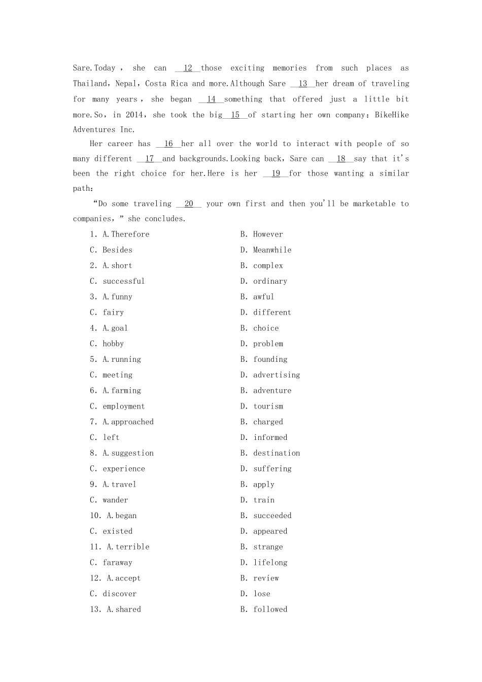 （课标通用）高考英语大一轮复习 Unit 1 Women of achievement课时作业 新人教版必修4-新人教版高三必修4英语试题_第3页