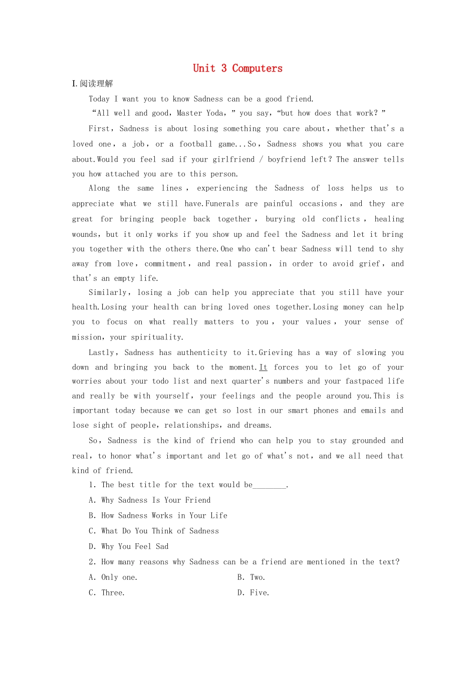 （课标通用）高考英语大一轮复习 Unit 3 Computers课时作业 新人教版必修2-新人教版高三必修2英语试题_第1页