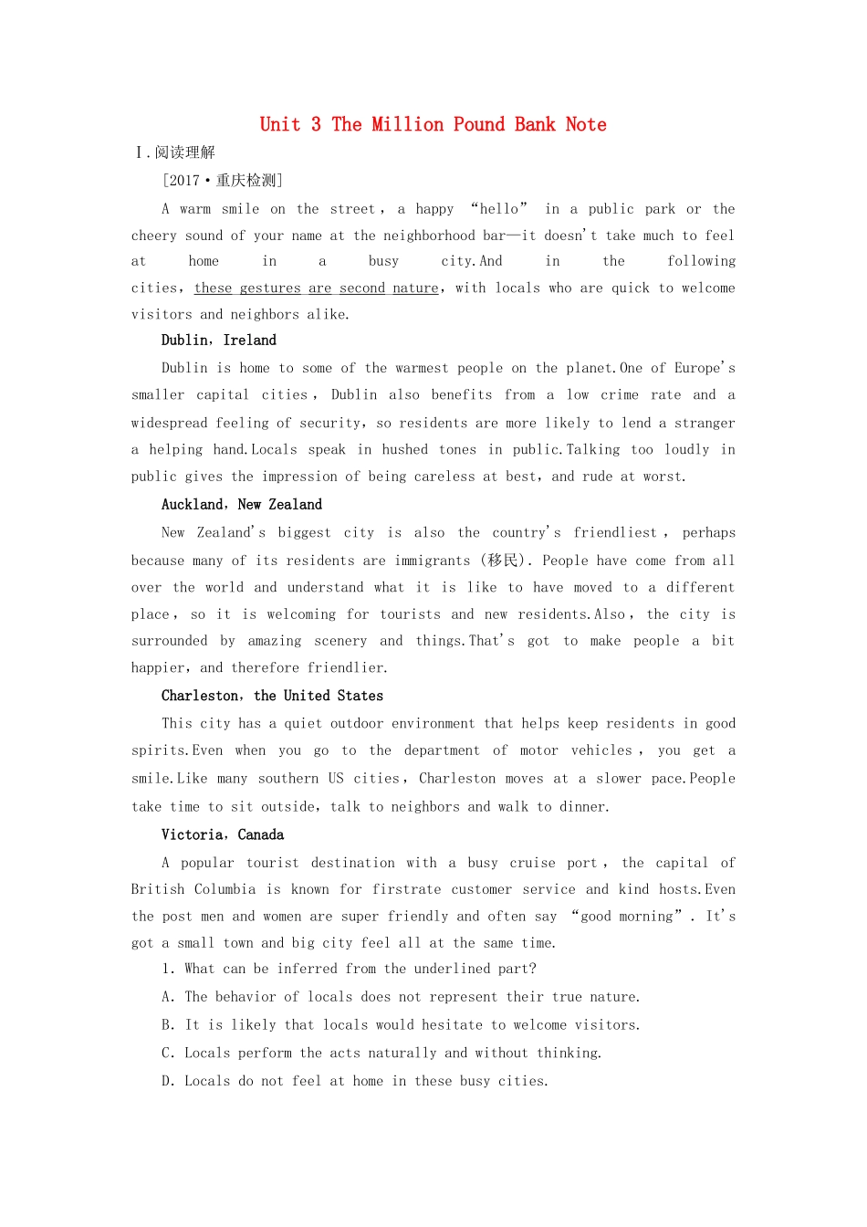 （课标通用）高考英语大一轮复习 Unit 3 The Million Pound Bank Note课时作业 新人教版必修3-新人教版高三必修3英语试题_第1页