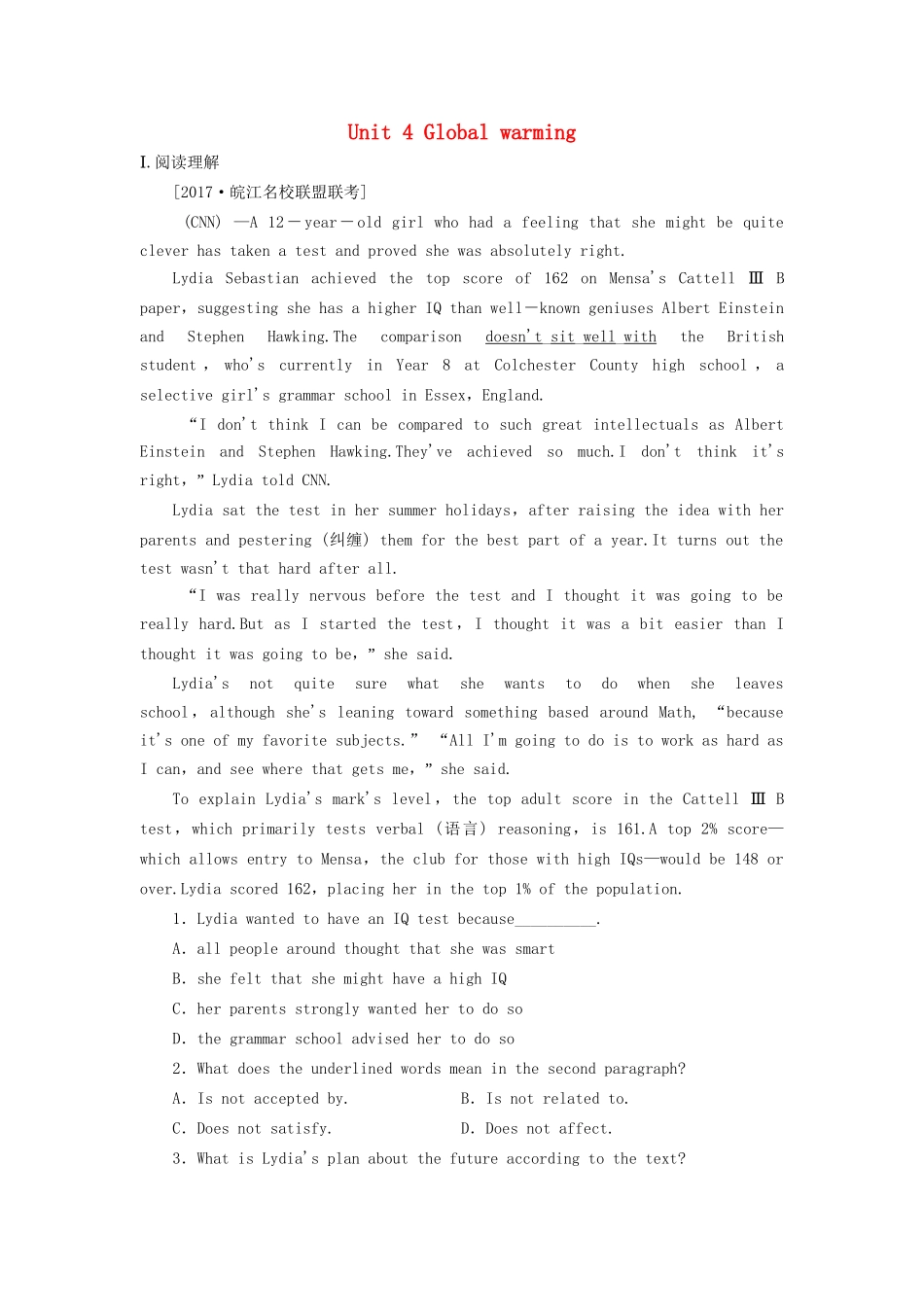 （课标通用）高考英语大一轮复习 Unit 4 Global warming课时作业 新人教版选修6-新人教版高三选修6英语试题_第1页