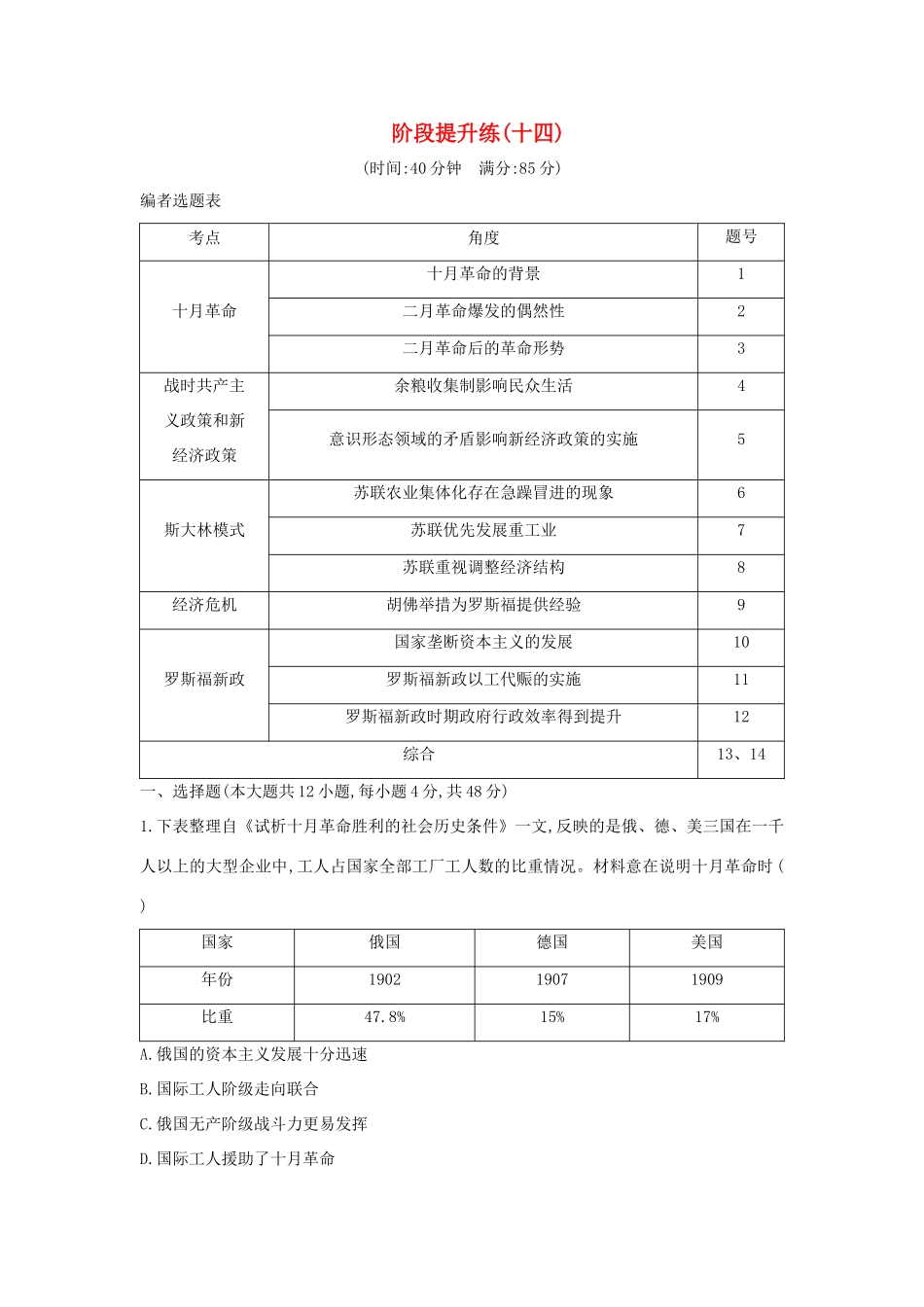 （通史版）高考历史一轮总复习 阶段提升练（十四）板块十四 世界现代化模式的创新与调整—20世纪初～20世纪40年代中期（含解析）新人教版-新人教版高三全册历史试题_第1页
