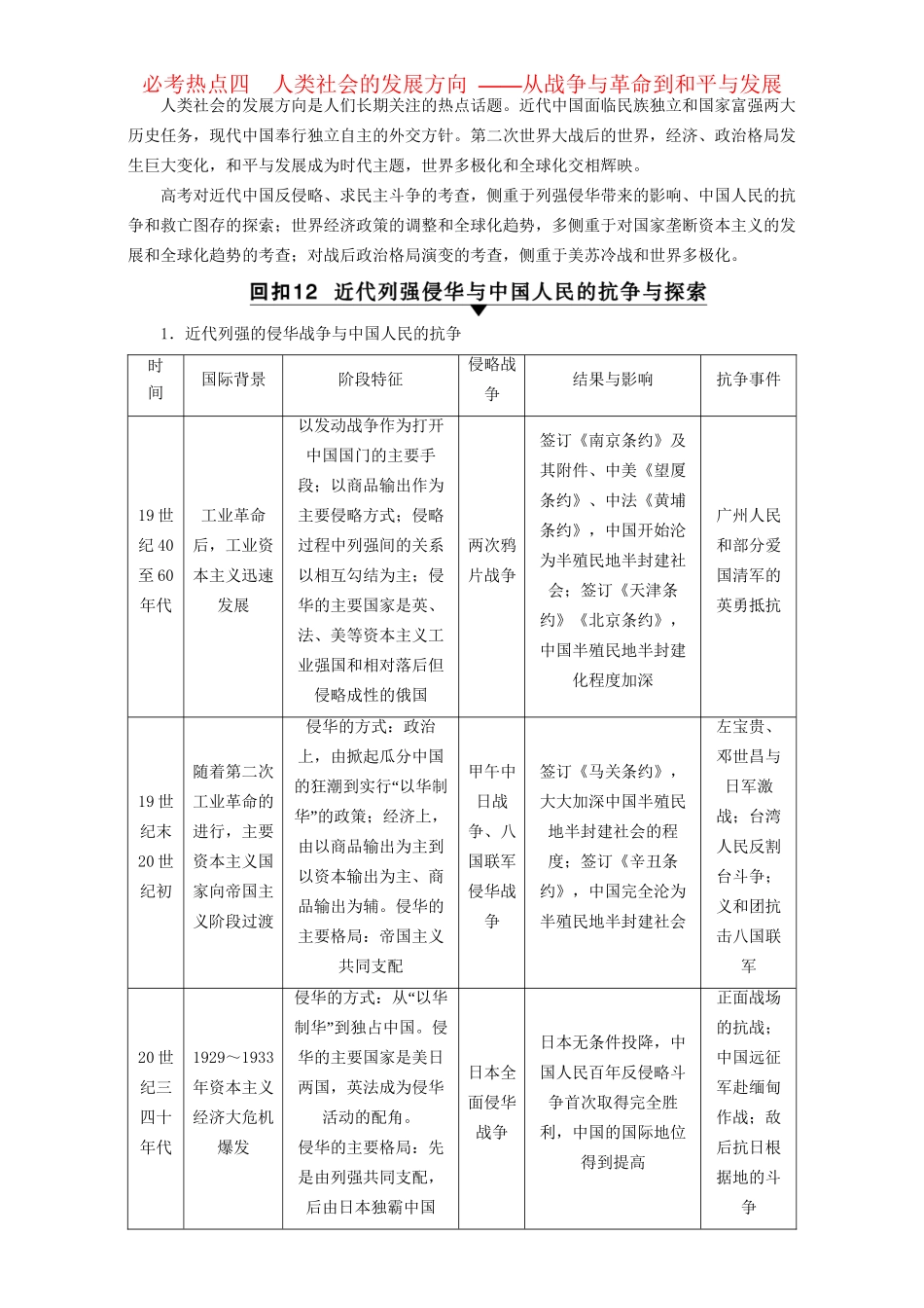 高三历史二轮复习 第2部分 专项4 必考热点4 人类社会的发展方向-人教高三历史试题_第1页
