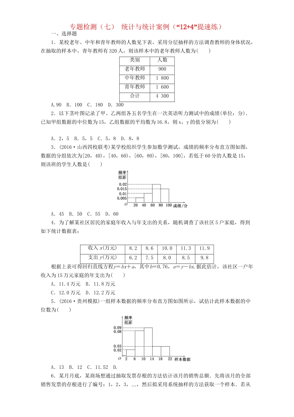 高三数学二轮复习 第一部分 基础送分题 专题检测（七）统计与统计案例 理-人教高三数学试题_第1页