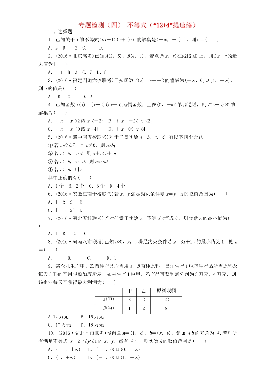 高三数学二轮复习 第一部分 基础送分题 专题检测（四）不等式 理-人教高三数学试题_第1页