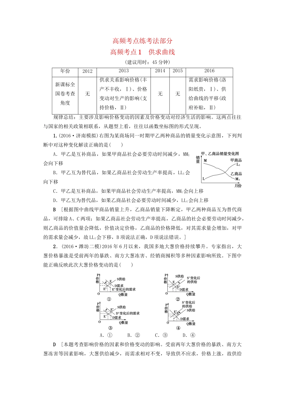 高三政治二轮复习 高频考点1 供求曲线-人教高三政治试题_第1页
