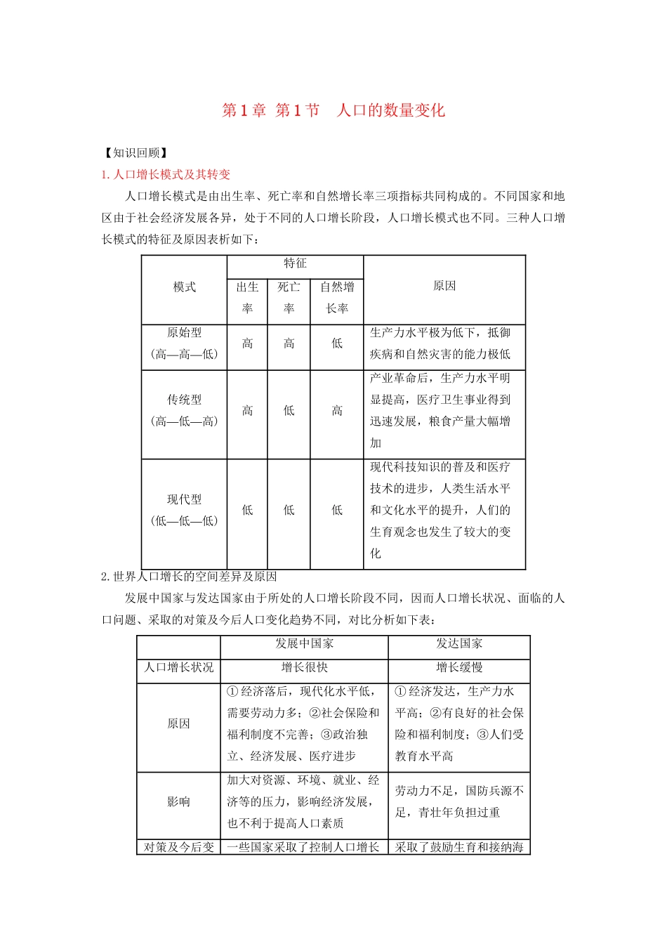 高一地理 第1章 第1节 人口的数量变化暑假作业（含解析）-人教高一地理试题_第1页
