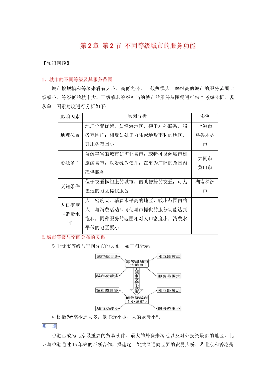 高一地理 第2章 第2节 不同等级城市的服务功能暑假作业（含解析）-人教高一地理试题_第1页