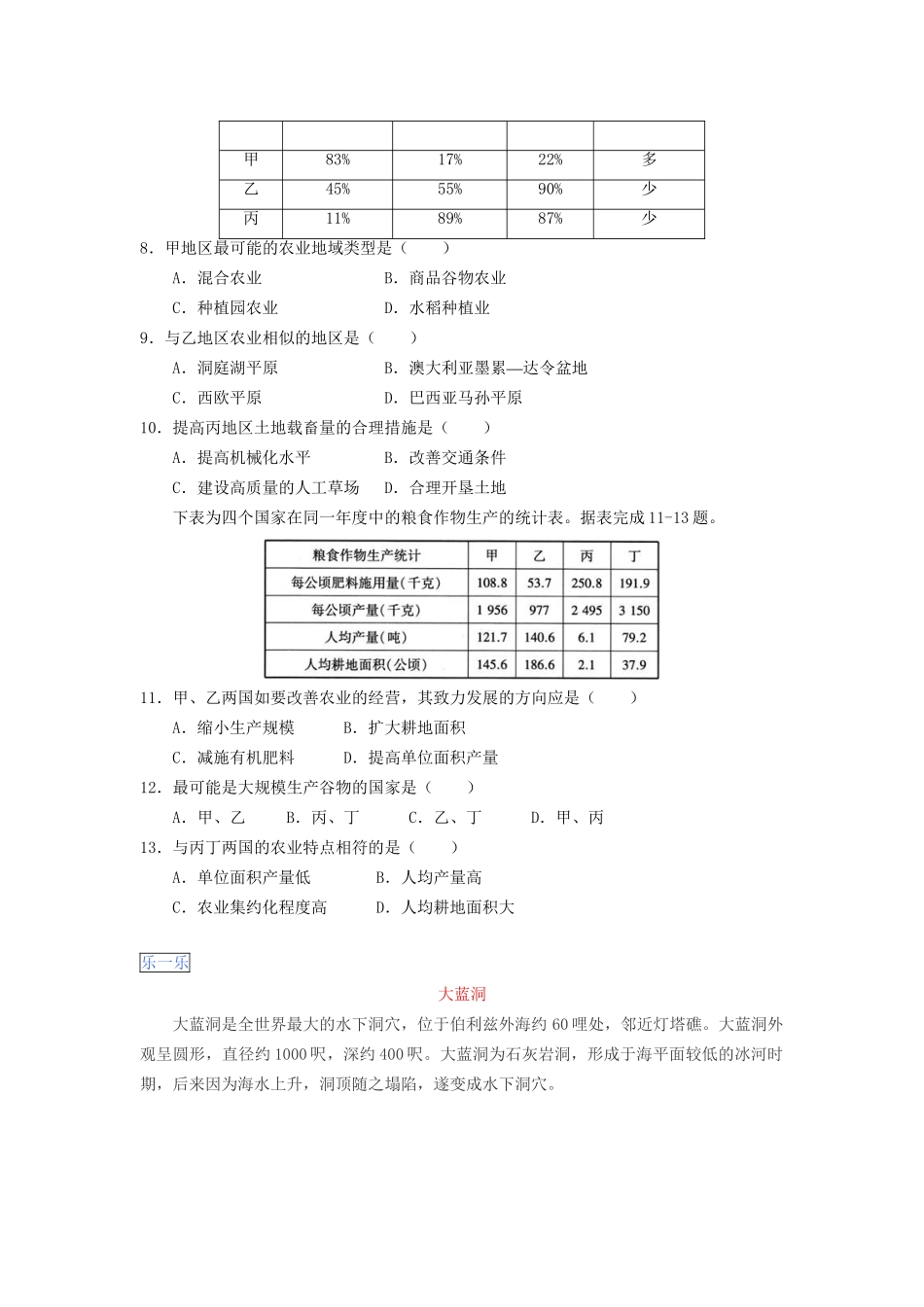 高一地理 第3章 第2节 以种植业为主的农业地域类型暑假作业（含解析）-人教高一地理试题_第3页