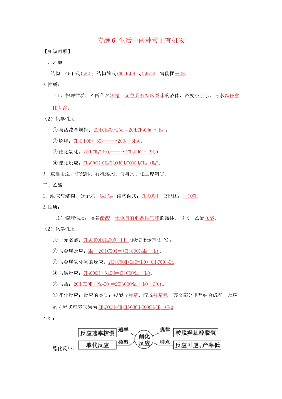 高一化学 专题6 生活中两种常见有机物暑假作业（含解析）-人教高一化学试题_第1页
