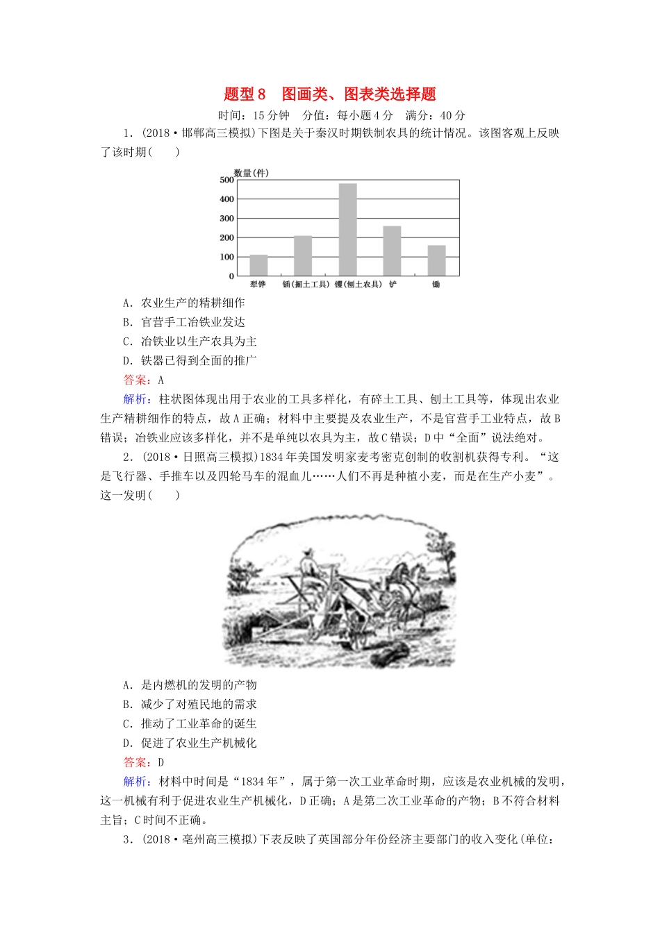 高考历史二轮复习 高考题型专项训练 题型8 图画类、图表类选择题人教版高三全册历史试题_第1页