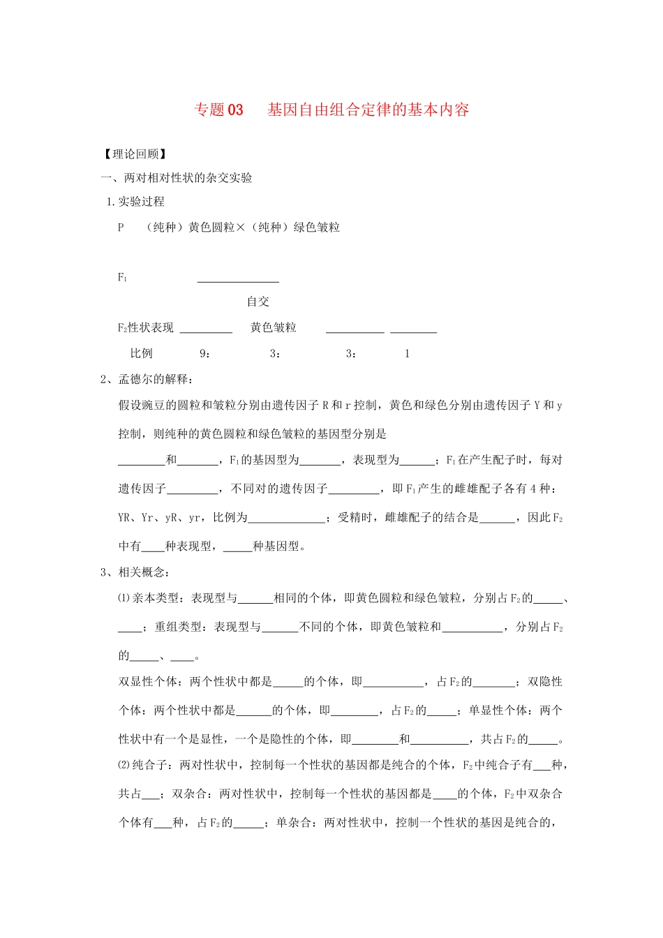 高一生物 专题03 基因自由组合定律的基本内容暑假作业（含解析）-人教高一生物试题_第1页