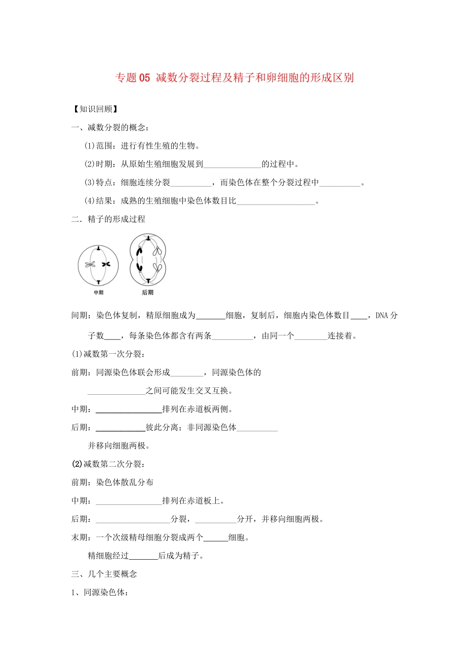 高一生物 专题05 减数分裂过程及精子和卵细胞的形成区别暑假作业（含解析）-人教高一生物试题_第1页