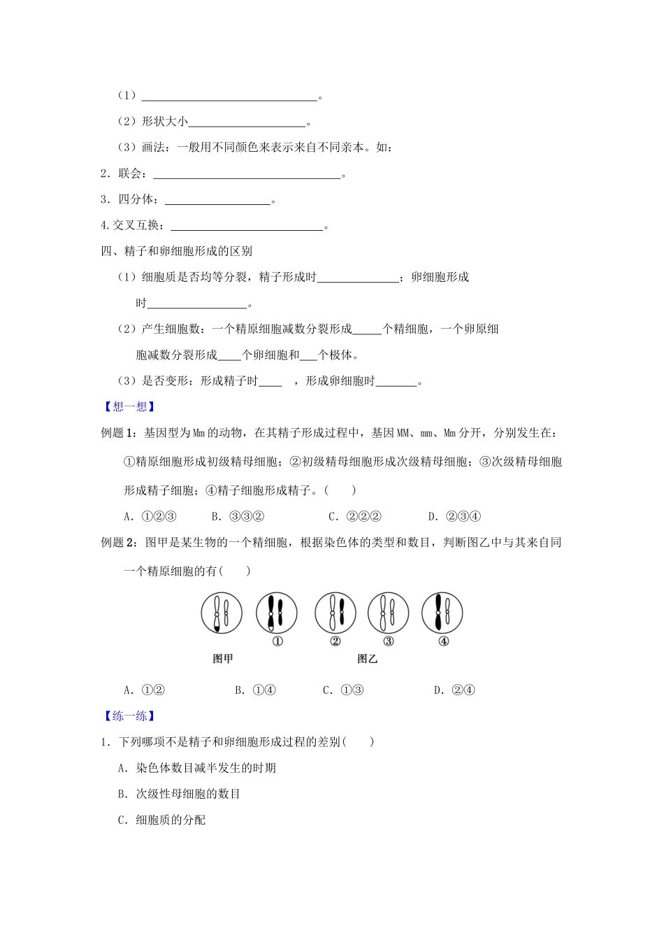高一生物 专题05 减数分裂过程及精子和卵细胞的形成区别暑假作业（含解析）-人教高一生物试题_第2页