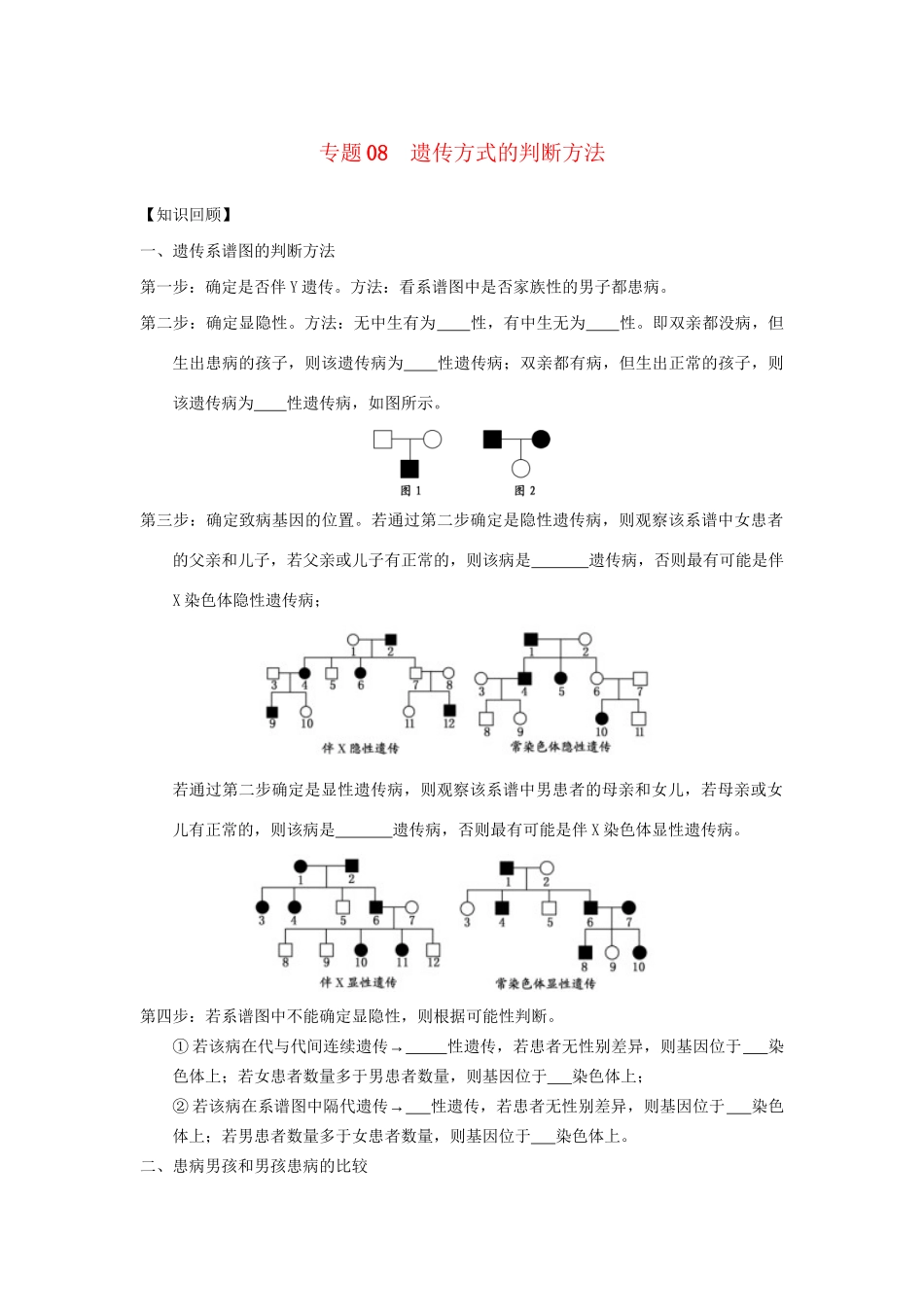 高一生物 专题08 遗传方式的判断方法暑假作业（含解析）-人教高一生物试题_第1页