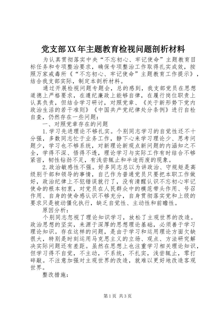 2024年党支部主题教育检视问题剖析材料_第1页