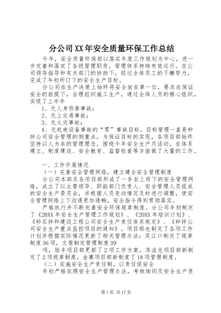 2024年分公司安全质量环保工作总结