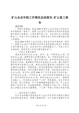 2024年矿山企业年检工作情况总结报告矿山复工报告