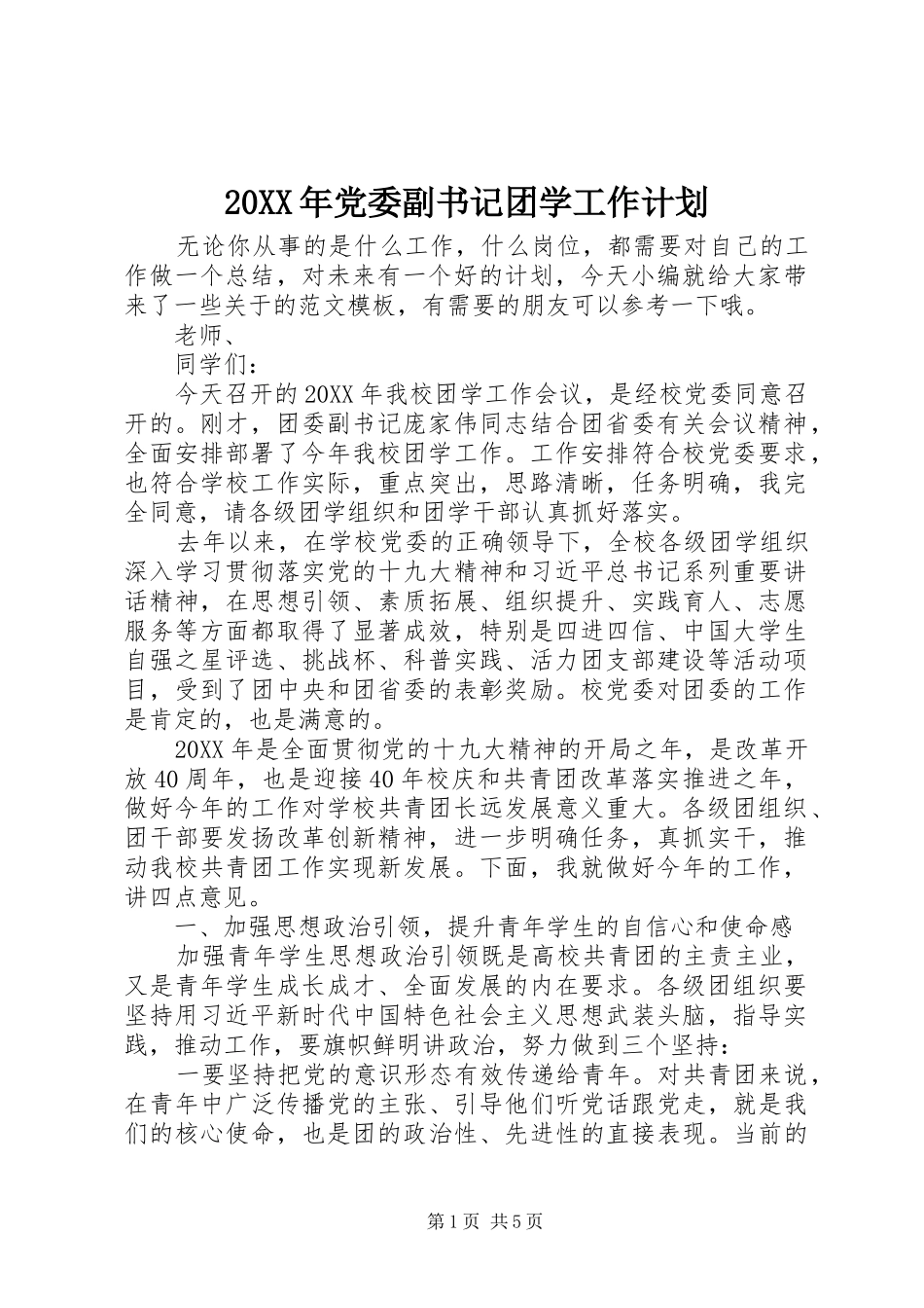 2024年党委副书记团学工作计划_第1页